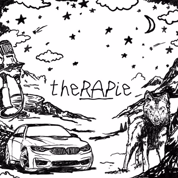 Handgezeichnetes, schwarz-weißes Cover-Artwork für das Release „theRAPie“ mit Illustrationen eines Wolfs, eines Autos und dem handgeschriebenen Titel.
