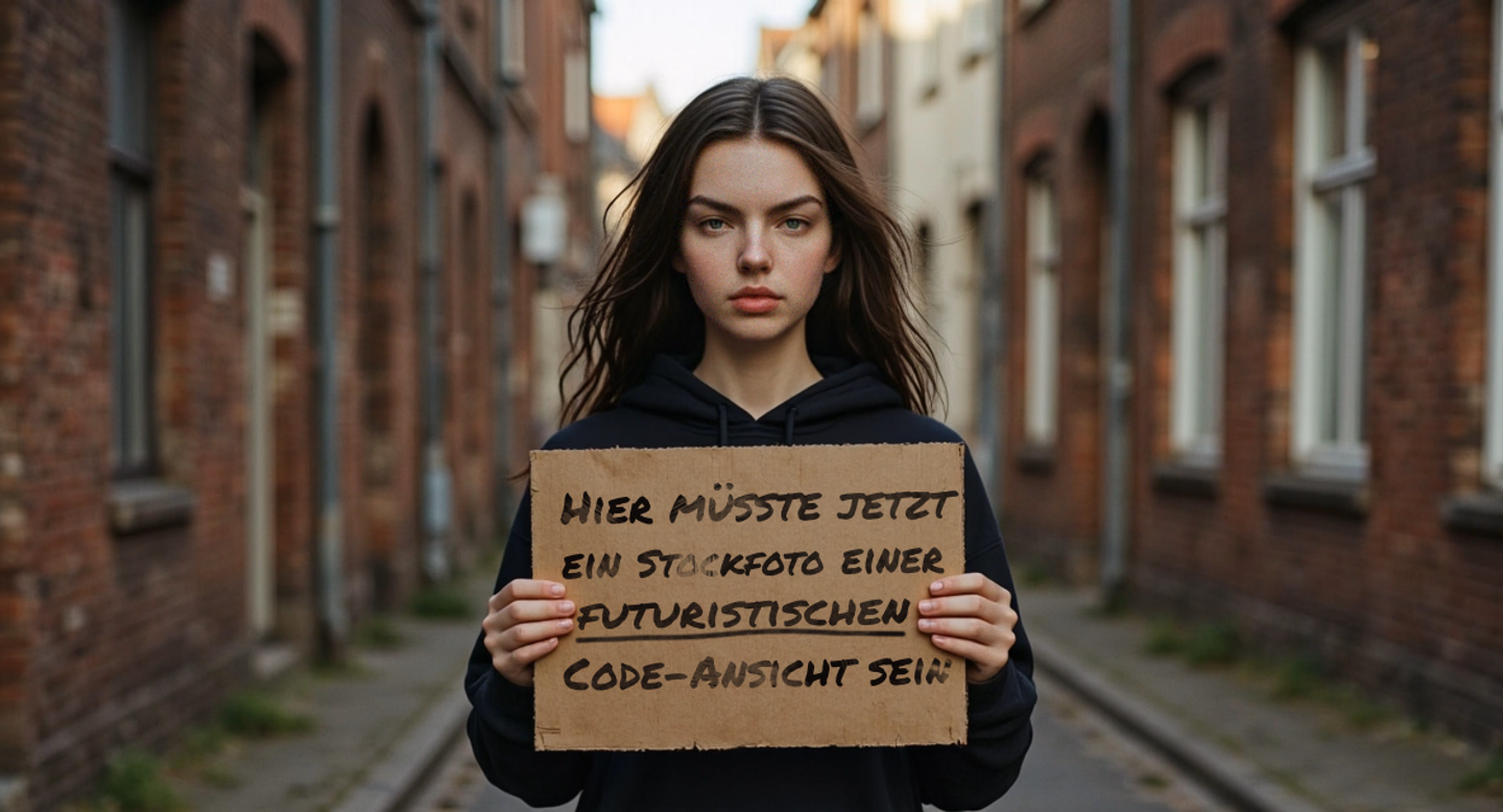 Ironische Inszenierung zum Thema Automation: Eine junge Frau in einer urbanen Gasse hält ein Pappschild mit der handschriftlichen Aufschrift: „Hier müsste jetzt ein Stockfoto einer futuristischen Code-Ansicht sein“.