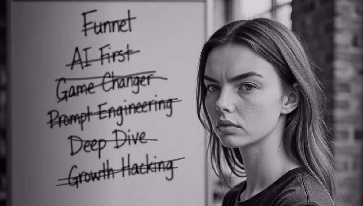 Kiara, der KI-Avatar von Neu & Besser, steht vor einem Whiteboard mit durchgestrichenen Buzzwords: Funnel, AI First, Game Changer, Prompt Engineering, Deep Dive, Growth Hacking